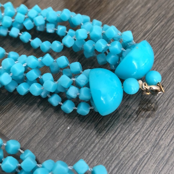 Vintage Blue Acrylic Square Beaded Muti Strand Necklace - Picture 2 of 14